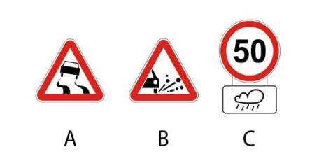 Which signs apply only for the period of time when the roadway pavement is wet?