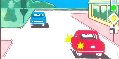 The blue car will drive through the intersection: