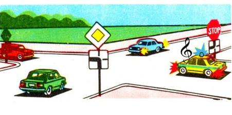 The blue car will drive through the intersection: